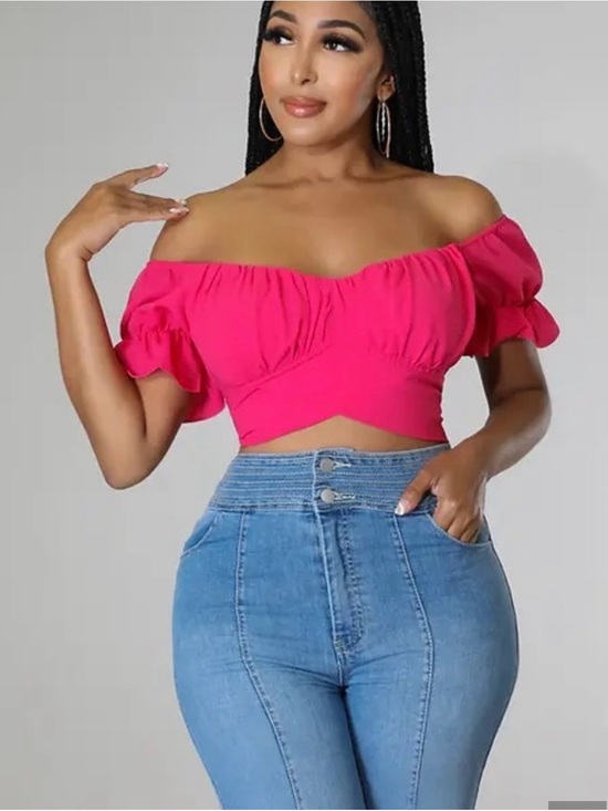 Lyaner Tops - LYANER Hot Pink Off Shoulder Tie Back Crop Top L Puff Sleeve